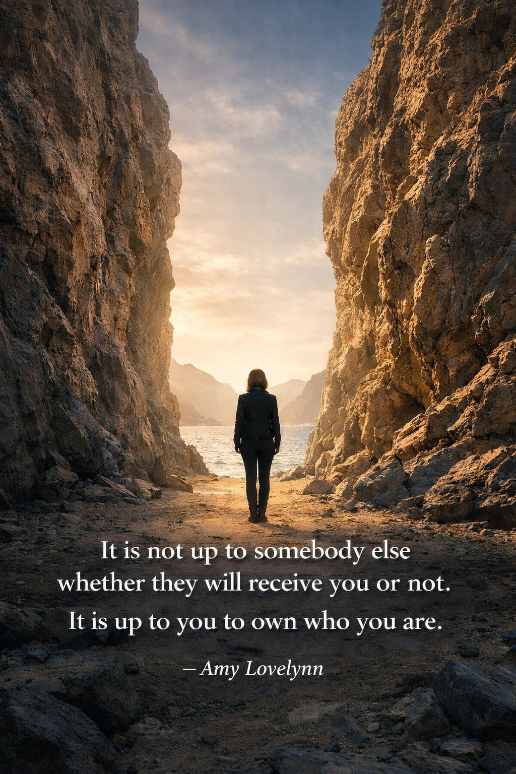 A solitary woman standing between two rock formations, facing an open horizon, with a quote about self-ownership by Amy Lovelynn.